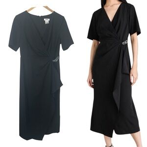 DKNY Womens Short Sleeve V Neck Wrap Midi Black Dress Size 8 NWT